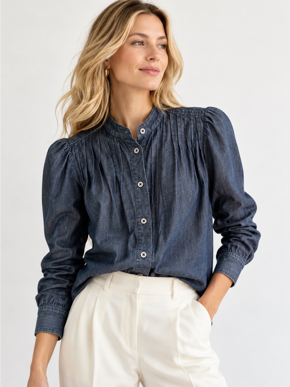 Marc by Marc Jacobs Lightweight Denim Pintuck Puff Sleeve Blouse Sz Small